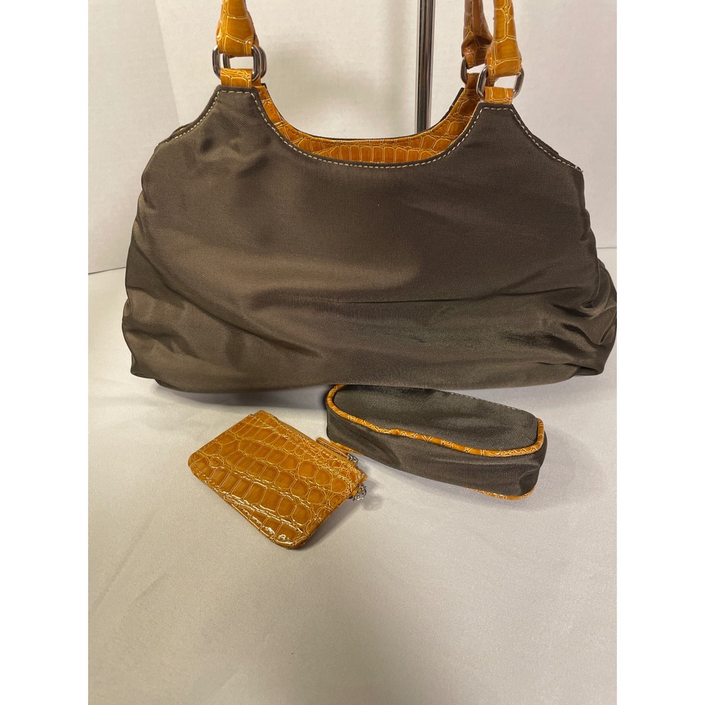 🟠 Croft & Barrow Hobo Bag Brown Nylon Mustard‎ Croc Trim 3pc Set Shoulder Y2K